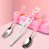 静蝉幽格童餐具套装幼儿园宝宝初学生专用训练筷子小孩握快学抓筷子_樱花粉小白兔4件套筷勺叉盒