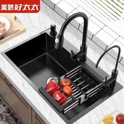 好太太黑色纳米水槽大单槽家用手工洗菜盆厨房不锈钢大号洗碗池单盆