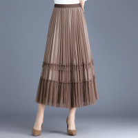 女士裙子新款网纱半身裙女春秋长裙高腰气质百褶裙两面穿打底a字裙子AWANHOO B5308