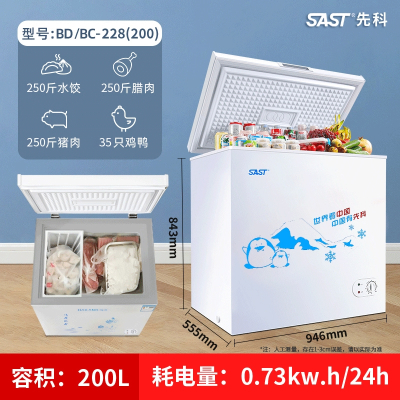SAST先科冰柜家用小型小冷柜节能保鲜展示柜迷你双温冷冻柜卧式冷藏柜_BDBC-228/200L