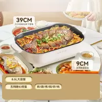 奥克斯(AUX)电火锅家用多功能烤肉涮烧烤一体炒锅长方形烤鱼电煮锅_2200W米灰8.5L★可做烤鱼