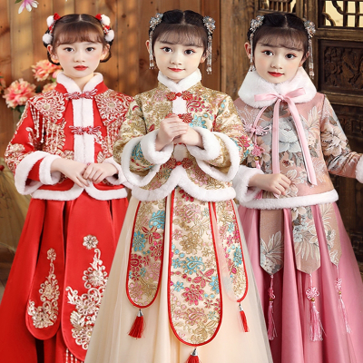 智扣年货女童新年装中国风古装冬季加绒汉服儿童装唐装拜年服女孩加厚冬装