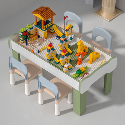 南风北巷儿童积木桌椅兼容樂高拼装玩具宝宝多功能游戏桌子大颗粒实木