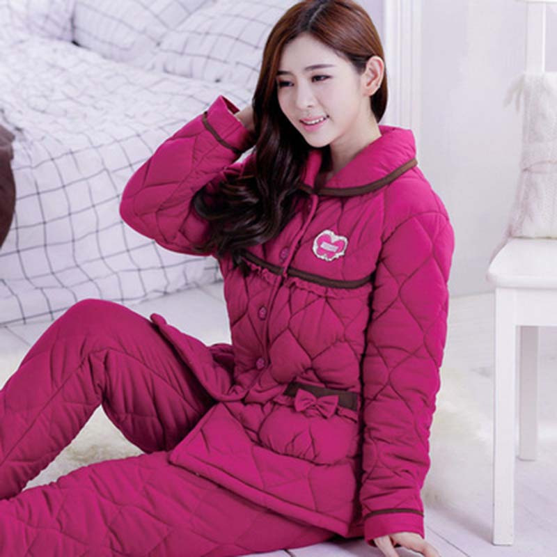 婴婴yingying冬季睡衣女士夹棉三层加厚冬天全棉长袖棉袄加棉加大码