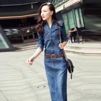 [原版面料 .送腰带]长袖修身显瘦遮肚子包臀牛仔连衣裙开叉长裙