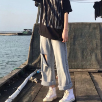 2020夏季韩版破洞牛仔裤女chic百搭宽松高腰显瘦学生直筒阔腿长裤