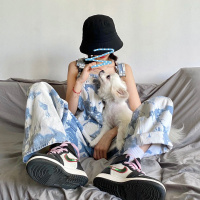 减龄高腰显瘦 重磅古着蓝天白云扎染背带裤女秋季新款宽松牛仔裤