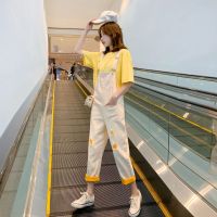 单件/套装 2020牛仔背带裤女宽松韩版阔腿哈伦连体九分破洞裤两件