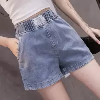 牛仔短裤女夏宽松韩版学生开叉阔腿松紧腰显瘦百搭时尚高腰热裤