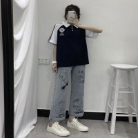 直筒牛仔裤女2020韩版高腰夏季学院可爱少女卡通史努比浅蓝阔腿裤