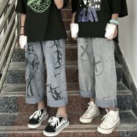 秋夏印花牛仔裤女宽松韩版学院风显瘦高腰学生百搭直筒阔腿长裤潮