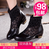 春秋夏季大码鱼嘴靴蕾丝网靴/短筒牛皮女鞋妈妈鞋女凉鞋短靴粗跟