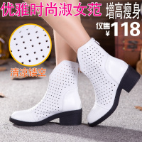 秋冬牛皮镂空洞洞单靴粗跟休闲短靴头层牛皮女靴子中跟透气牛皮