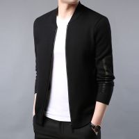 梵克公牛春季新款纯色拉链开衫男针织衫韩版休闲毛衣外套棒球领男装 黑色