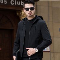 梵克公牛秋季新款男士连帽薄款夹克商务休闲免烫短外套中青年男装风衣 1826黑色 185XXL
