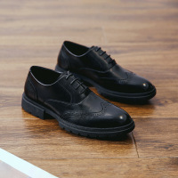 梵克公牛英伦皮鞋男时尚青年人造革洛克鞋子 2020款上新百搭男士发型师尖头个性帅气厚底正装男鞋 黑色