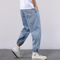 梵克公牛加肥加大牛仔裤男高弹力 2021印花潮款哈伦牛仔九分裤男宽松胖人200帅气薄款透气特大号帅气裤-