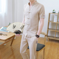 梵克公牛中国风短袖T恤男套装棉刺绣 2020中青年夏季新款帅气一身男时尚休闲运动盘扣T恤休闲两件套唐装衣