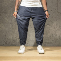 梵克公牛牛仔裤男九分做旧 20202020春夏新款色章仔工装裤男日系街头宽松束脚印花薄款弹力简约时尚男 蓝色