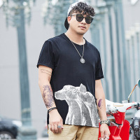 梵克公牛短袖男潮牌宽松加大码上衣 2021ins港风T恤男胖子肥佬加肥200斤半袖个性狗头动物嘻 黑色