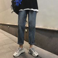 梵克公牛港风潮牌休闲裤2021网红裤子男抖音潮牌ins港风潮流百搭显瘦复古牛仔长裤 蓝色