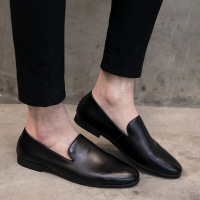 梵克公牛皮鞋男套脚 2021夏季男士韩版男圆头日常鞋男鞋英伦上班工作 黑色