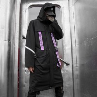 梵克公牛春季中长款风衣男士国ins嘻哈街头牌连帽外套宽松bf帅气大衣 黑色