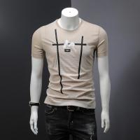 梵克公牛2019年夏季新款男士T恤 短袖青春流行宽松丝光棉织带贴布半袖打底衫 杏色