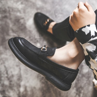 梵克公牛皮鞋男套脚 2021季小上班工作男韩版潮流百搭男士休闲鞋子英伦一脚蹬乐福鞋 黑色