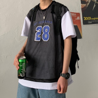 梵克公牛夏季假两件潮流字母印花短袖T恤男潮牌潮流宽松球衣情侣半袖上衣