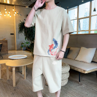 梵克公牛夏季中国风男装亚印花短袖短裤套装男大码两件套TZ99301P65