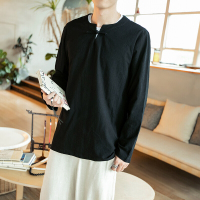 梵克公牛中国风复古长袖T恤盘扣男麻宽松民族风佛系打底衫上衣