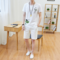 梵克公牛中国风套装男荷花刺绣男士短袖套装