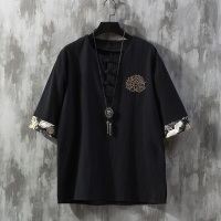 梵克公牛夏季中国风荷花刺绣T恤拼接麻圆领盘扣五分袖男6023-YM902-P55