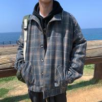梵克公牛秋季毛呢外套男生韩版潮流宽松休闲刺绣格子夹克港风复古呢子衣服
