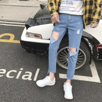 梵克公牛2019年春季秋男士破洞牛仔裤潮流韩版弹力青年常规铅笔小脚休闲长裤子