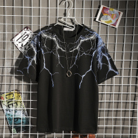 梵克公牛暗黑潮牌短袖T恤男夏季ins宽松潮流帅气闪电印花体恤个性时尚半袖 黑色