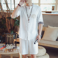 梵克公牛2020年夏季夏季薄款男士套装男夏季新款棉短袖男大码刺绣中国风复古印花开衫盘扣立领休闲