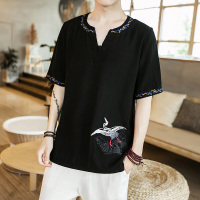 梵克公牛夏季中国风仙鹤刺绣宽松短袖V领麻T恤上衣男6023-YM888-P55