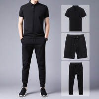 梵克公牛休闲套装男青年2021热卖夏新款牌男士男装商务休闲牌三件时尚新颖短袖T恤运动装 黑色
