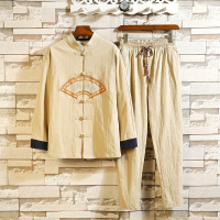 梵克公牛长袖套装男青年中国风 2021帅气简约棉风男装唐装汉服盘扣夹克衫立领T恤