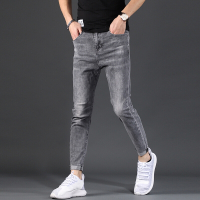 梵克公牛ls季薄款牛仔裤男潮牌小脚裤修身猫须休闲裤烟灰色裤子