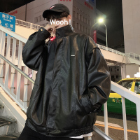 梵克公牛春季新款皮衣男港风韩版帅气宽松流机车皮夹克ins青年牌外套 黑色