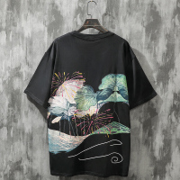 梵克公牛中国风短袖T恤男牌宽松国荷花印花流半袖很仙的情侣装夏装