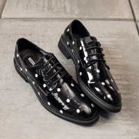 梵克公牛皮鞋男乐福鞋 2021韩版刺绣圆点百搭系带上班工作黑色亮面漆皮发型师尖头低帮男鞋 黑色
