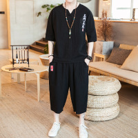 梵克公牛2021年夏季夏季薄款男士套装男夏季新款棉短袖男大码中国风复古文字刺绣青年休闲短袖