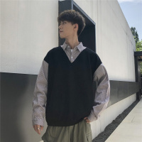 梵克公牛港风2020新款条纹长衬衫男士百搭方领假两件毛衣秋季流ins外套