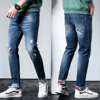 梵克公牛猫须牛仔裤男韩版潮流潮牌常规小脚裤男士百搭乞丐休闲裤 蓝色