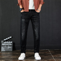 梵克公牛牛仔裤男常规高弹力2020新款春季黑色复古怀旧男韩版潮牌ins手工磨破弹力小脚牛仔长裤 黑色