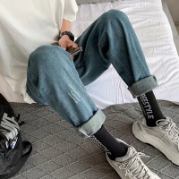 梵克公牛牛仔裤男常规复古 2021热卖夏季新款潮牌阔腿学生男士韩版学生常规休闲老爹裤 蓝色 859 牛仔裤